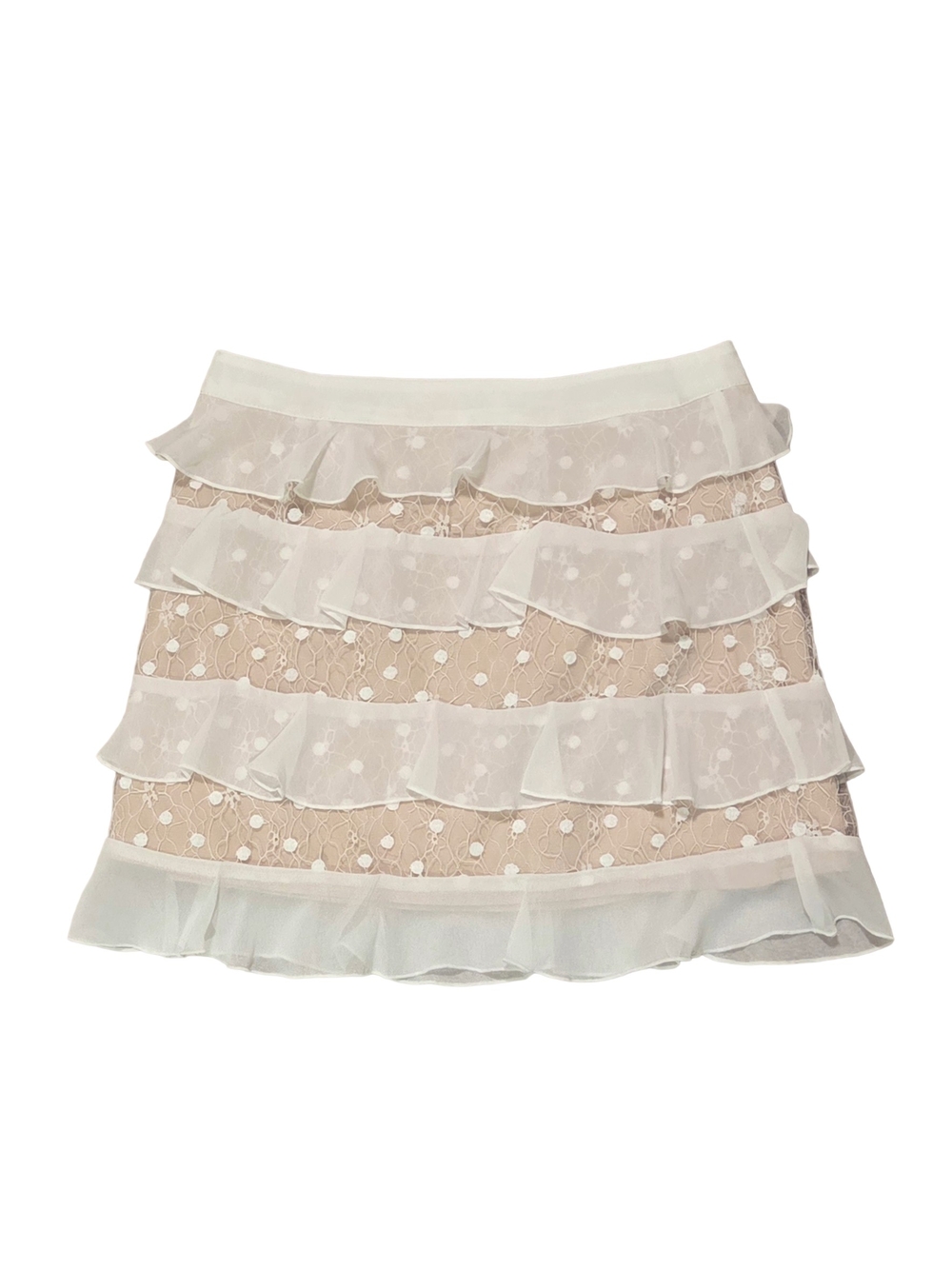 White & Cream Polka Dot Lace Tiered Ruffle Mini Skirt